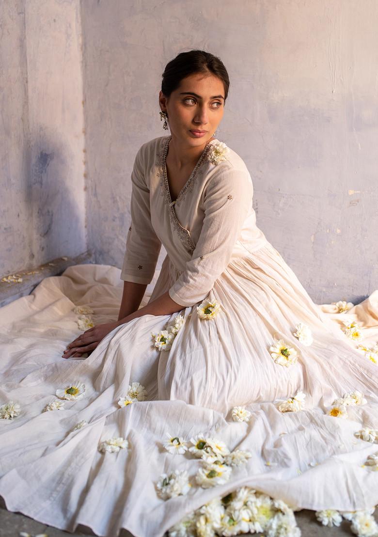 Off White Machine Embroidered Cotton Kurta Set