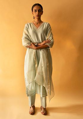 Ice Green Machine Embroidered Chanderi Kurta Set