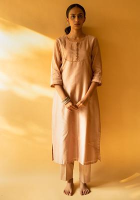 Old Rose Pink Hand And Machine Embroidered Chanderi Kurta Set