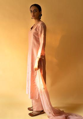 Peach Hand And Machine Embroidered Chanderi Kurta Set