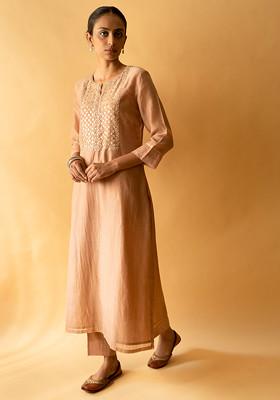 Old Rose Pink Hand Embroidered Chanderi Kurta Set