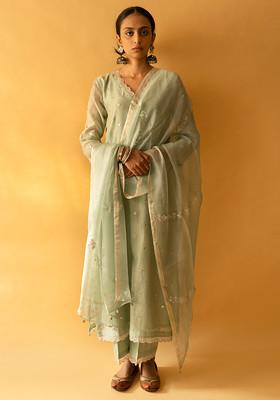 Ice Green Hand Embroidered Chanderi Kurta Set