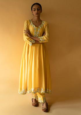 Lemon Yellow Machine Embroidered Silk Kurta Set