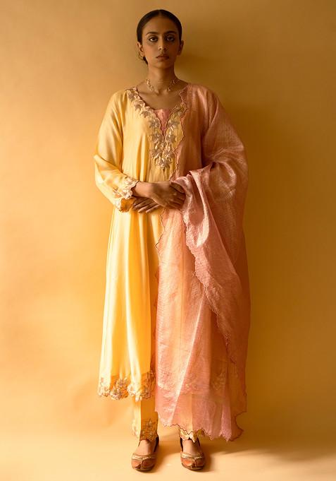 Yellow And Pink Machine Embroidered Silk Kurta Set