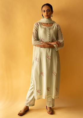 Ice Green Machine Embroidered Silk Chanderi Kurta Set