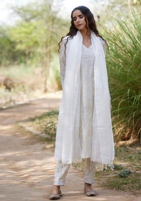 Ivory Machine Embroidered Chanderi Linen Kurta Set