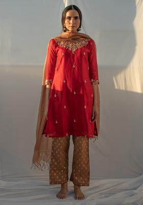 Red And Brown Hand Embroidered Chanderi Kurta Set