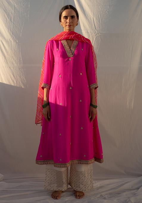 Magenta Pink Hand Embroidered Silk Kurta Set