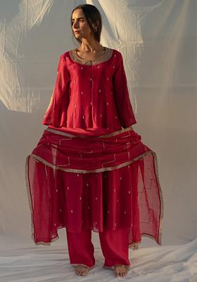 Red Hand Embroidered Chanderi Kurta Set