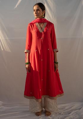 Red Hand Embroidered Silk Kurta Set