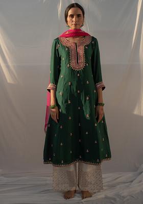 Green And Rani Pink Hand Embroidered Silk Kurta Set