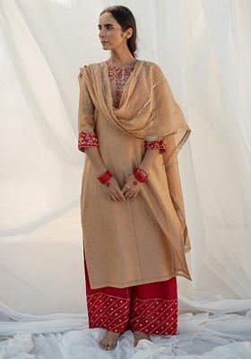 Beige And Red Hand Embroidered Chanderi Kurta Set