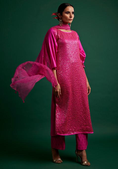Rani Pink Handcrafted Sequin Silk Satin Kurta Set