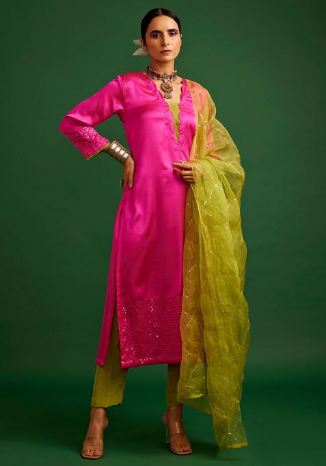Rani Pink And Lime Sequin Jal Silk Satin Kurta Set