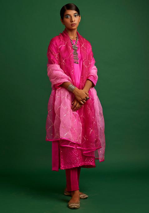 Rani Pink Sequin Jal Silk Satin Kurta Set