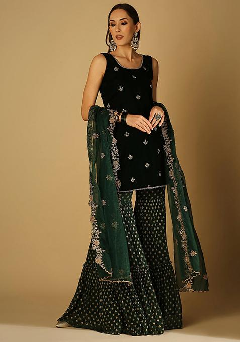 Emerald Green Embroidered Sharara Set 