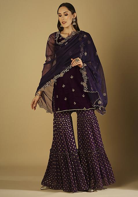 Purple Embroidrered Sharara Set