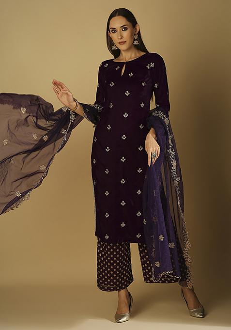 Voilet Embroidered Kurta Set