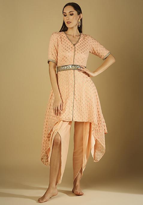 Peach Embroidred Dhoti Set