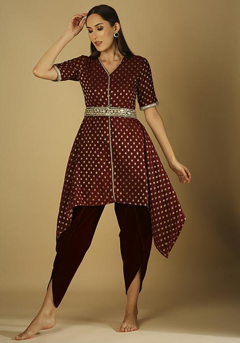 Maroon Embroidred Dhoti Set