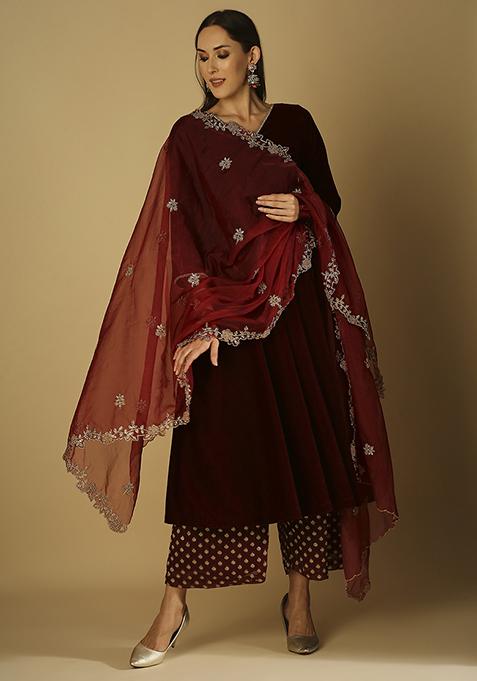 Maroon Embroidred Kurta Set