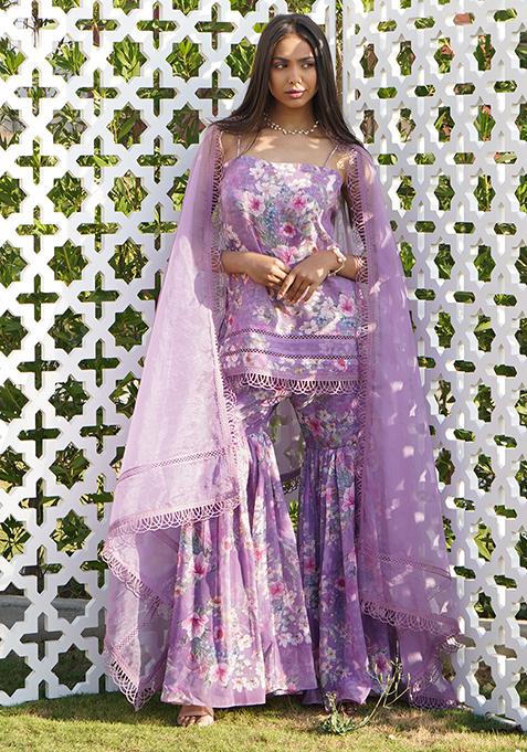 Lilac Floral Print Georgette Sharara Set