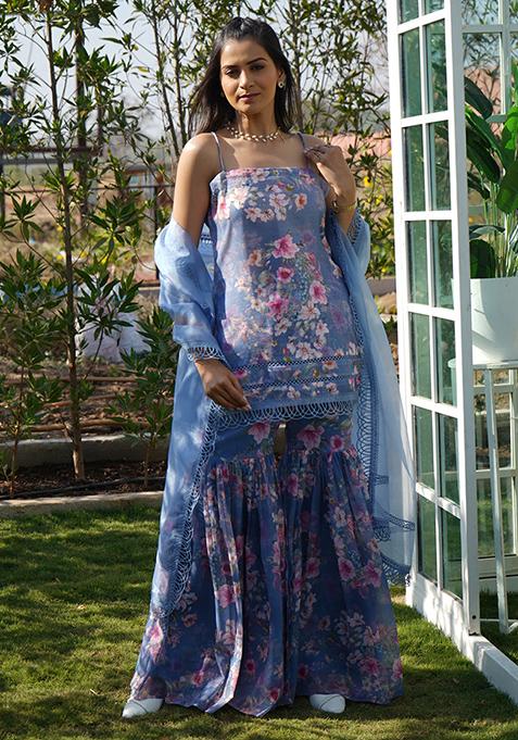 Blue Floral Print Georgette Sharara Set