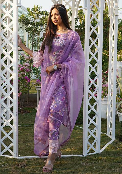 Lilac Floral Print Kurta Set