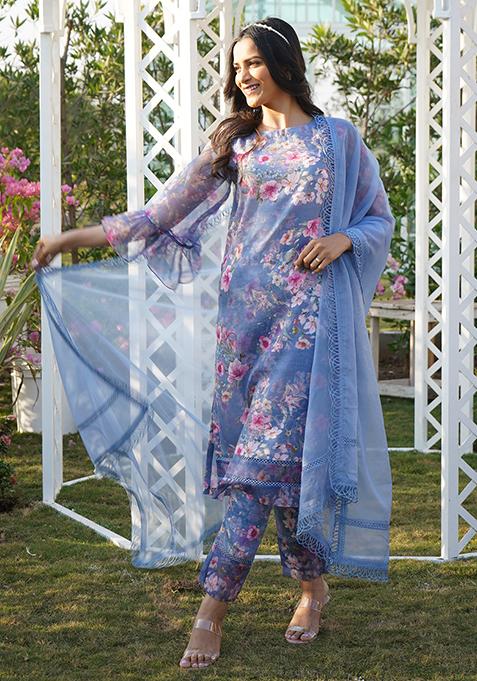 Blue Floral Print Kurta Set