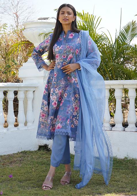 Blue Floral Print Linen Kurta Set