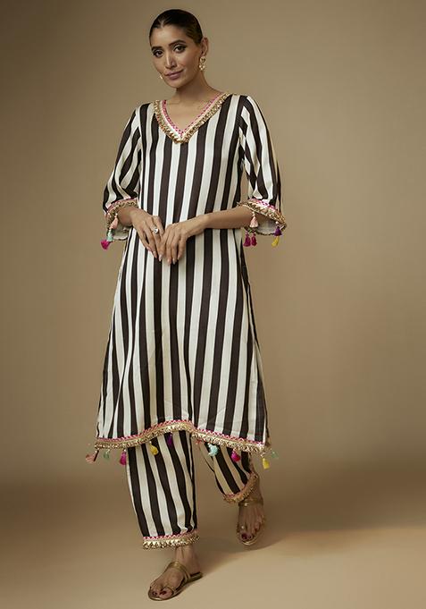 Ivory And Black Striped Cotton Satin Kurta Set