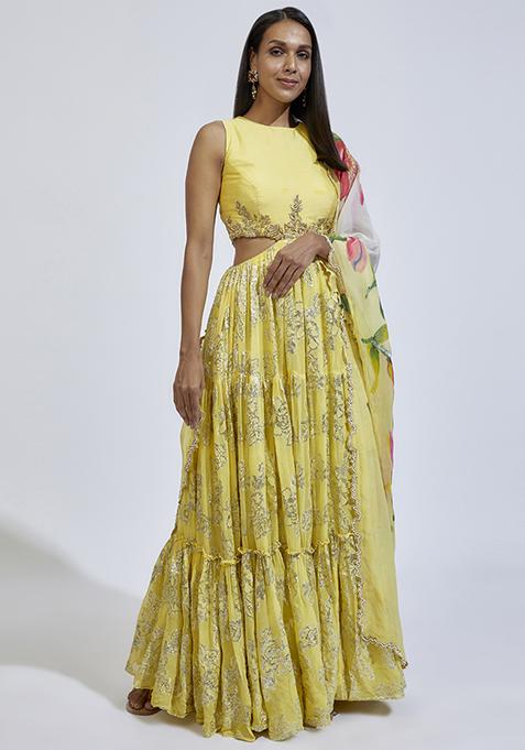 Yellow Cutwork Silk Georgette Anarkali Set