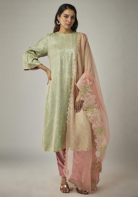 Green Sequin Cotton Satin Kurta Set