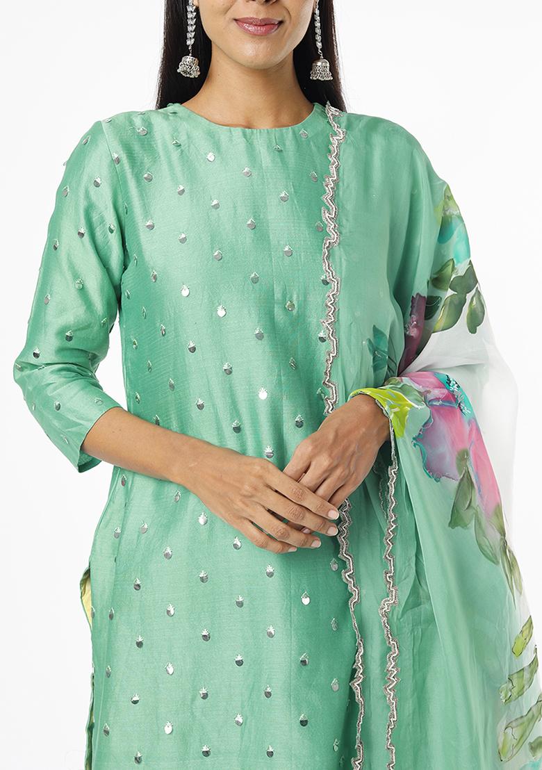 Rama Green Applique Embroidered Chanderi Kurta Set