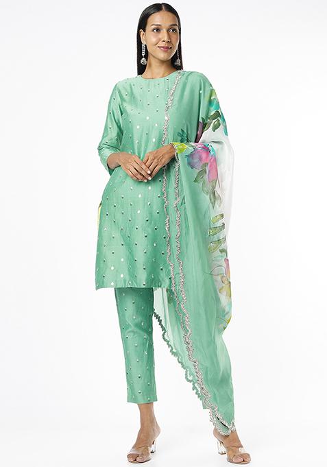 Rama Green Applique Embroidered Chanderi Kurta Set