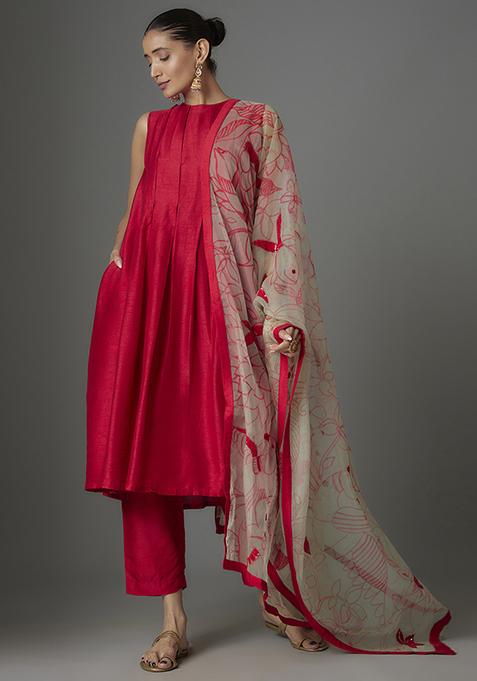 Red Hand Painted Silk Kurta Set