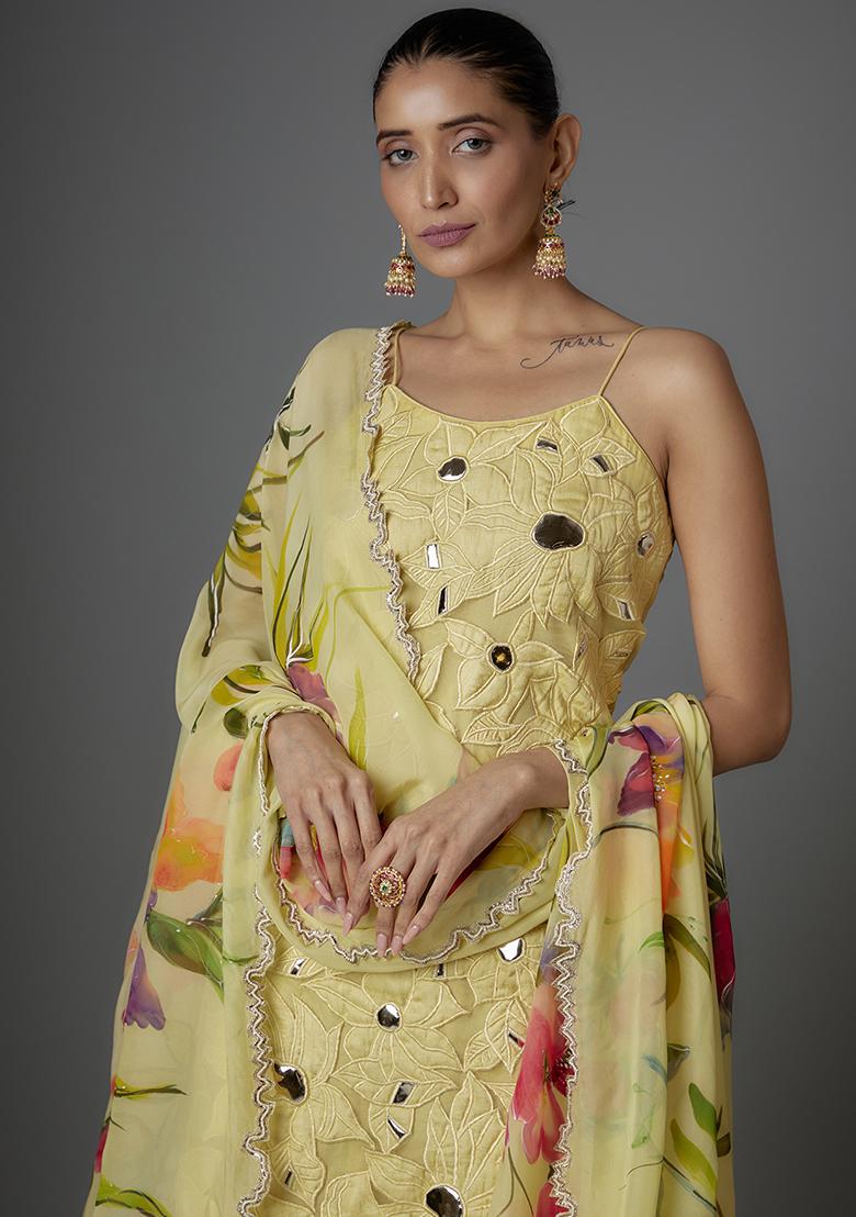 Yellow Applique Embroidered Silk Kurta Set