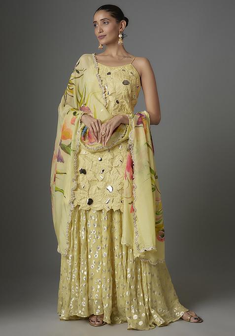 Yellow Applique Embroidered Silk Kurta Set