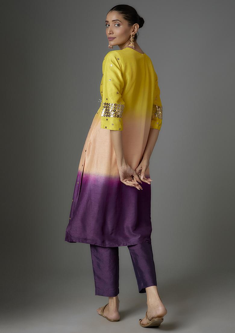 Yellow Applique Embroidered Silk Organza Kurta Set