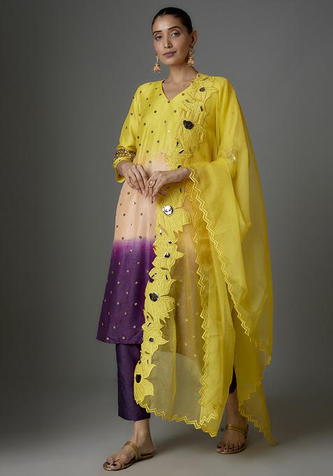 Yellow Applique Embroidered Silk Organza Kurta Set