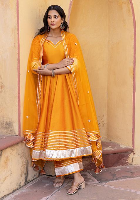 Orange Taffeta Silk Amber Anarkali Set