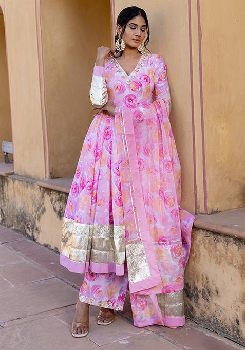 Pink Printed Taffeta Silk Haadiya Anarkali Set