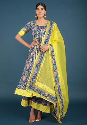 Grey Printed Cotton Misbah Kalidar Anarkali Set