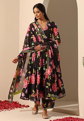 Black Printed Georgette Gul Gulabi Anarkali Set