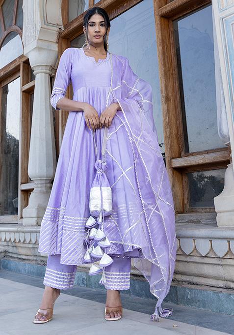 Lilac Embroidered Cotton Silk Gotta Jaal Anarkali Set