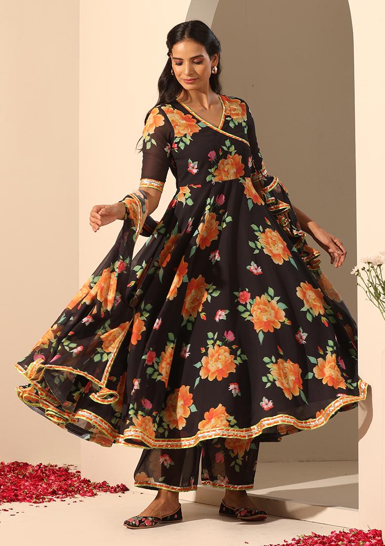 Black Printed Georgette Gul Narangi Anarkali Set