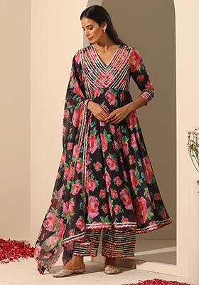 Black Printed Georgette Cotton Gul Gulab Lehenga Set