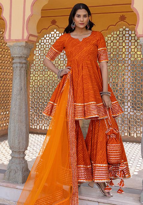 Orange Embroidered Cotton Meera Leheriya Sharara Set