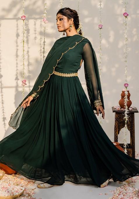 Bottle Green Embroidered Anarkali Set