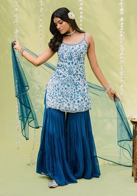 Teal Blue Floral Printed Sharara Set